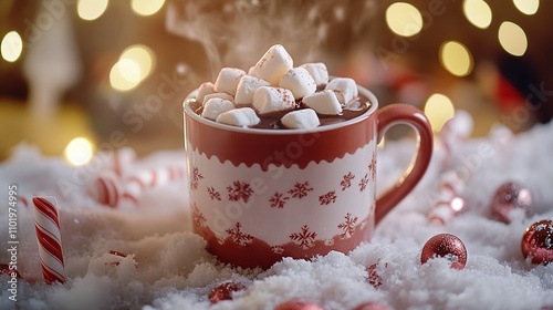 Steaming Hot Chocolate with Marshmallows in Festive Mug on Snow