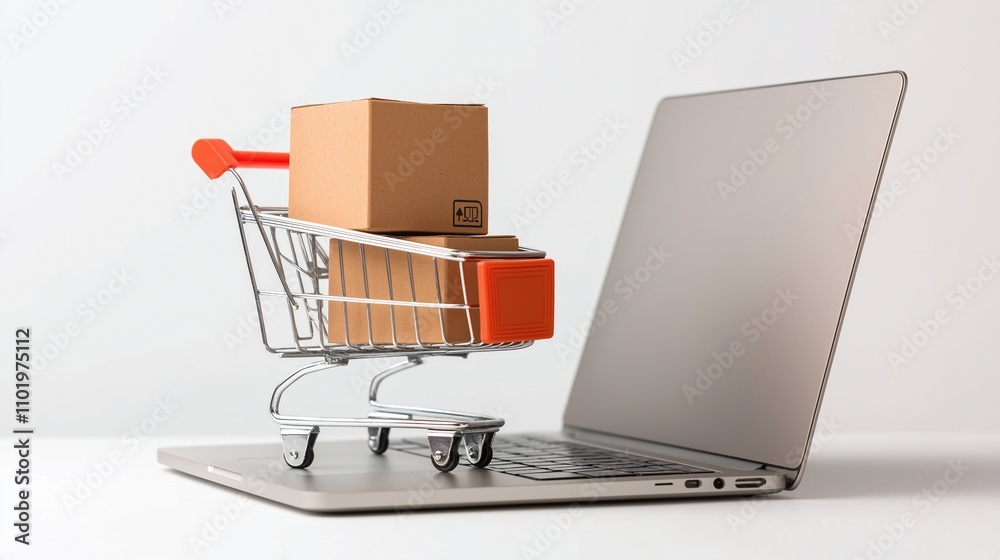 Online Shopping Concept with a Mini Cart and Boxes on a Laptop, Illustrating E-commerce, Retail, and Digital Transactions in Modern Lifestyle Online Shopping Concept with a Mini Cart and Boxes on a Laptop, Illustrating E-commerce, Retail, and Digital Transactions in Modern Lifestyle