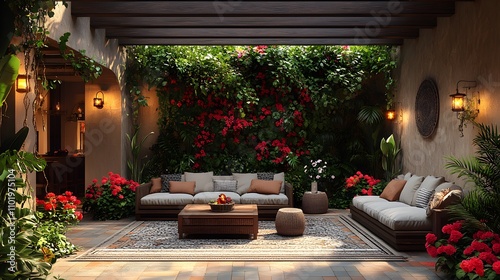 Fototapeta Naklejka Na Ścianę i Meble -  Natural wood garden house with open living areas, surrounded by flowers and lush green foliage, 3D rendering