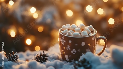 Cozy Winter Mug of Hot Cocoa Topped with Marshmallows in Snowy Setting