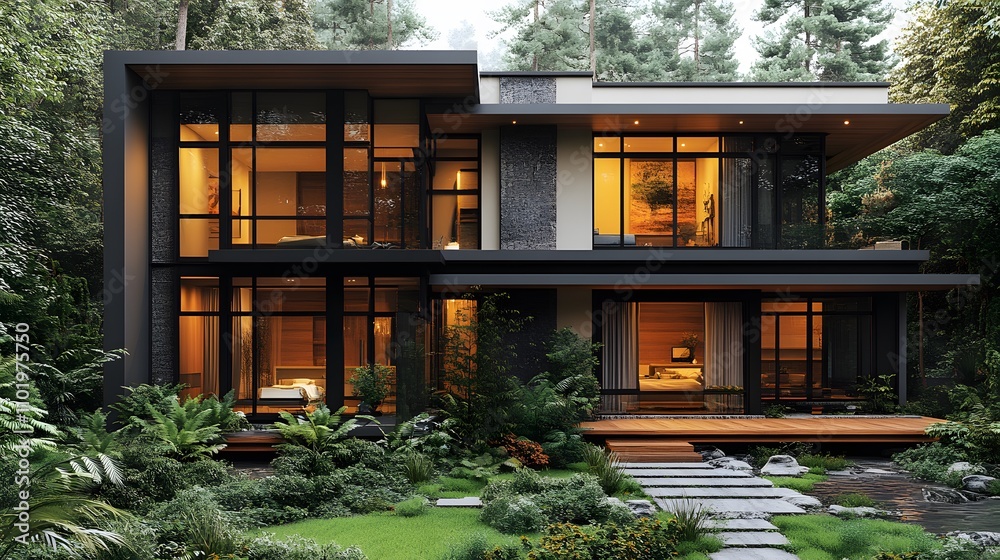 Minimalist modern house design with large windows and open spaces, 3D rendering