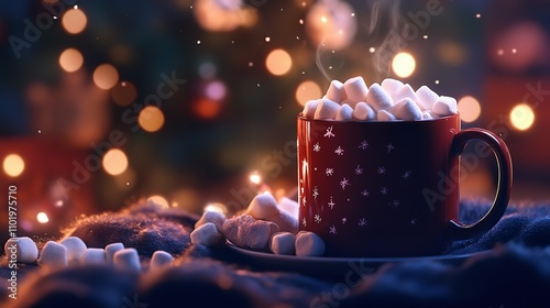 Red mug filled with hot chocolate and marshmallows, warm holiday bokeh background.