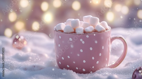 Pink polka-dotted mug filled with marshmallows in snowy winter scene.