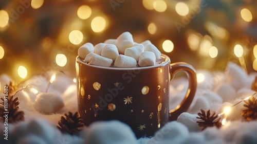 Cozy Hot Chocolate with Marshmallows, Festive Lights, and Pine Cones