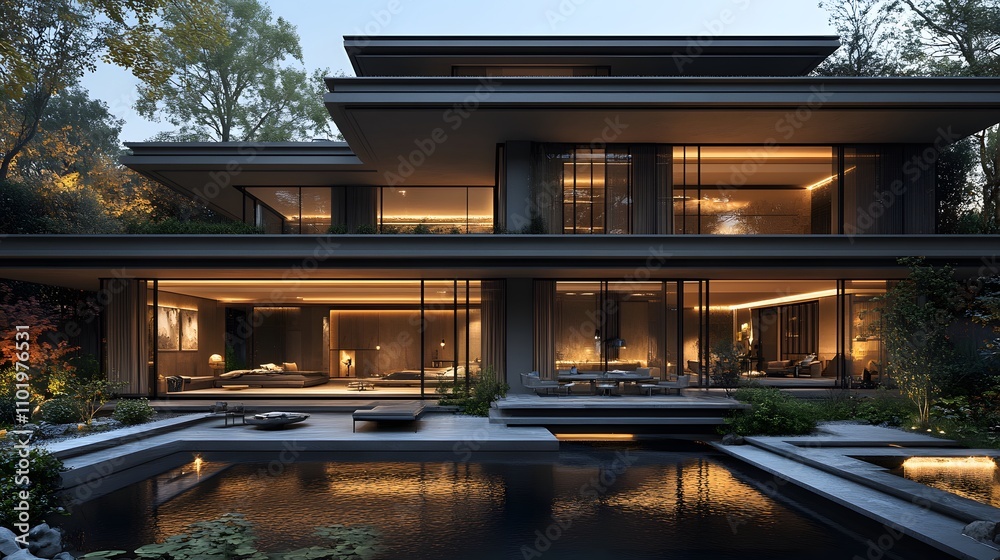 Stylish modern house with minimal design, large windows, and an open concept layout, 3D rendering Stylish modern house with minimal design, large windows, and an open concept layout, 3D rendering