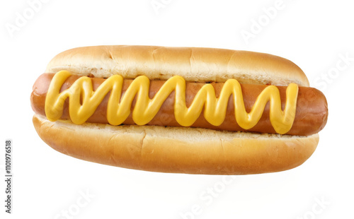 Tasty hot dog with yellow mustard on fluffy bun against transparent background, centrally positioned for contrast.