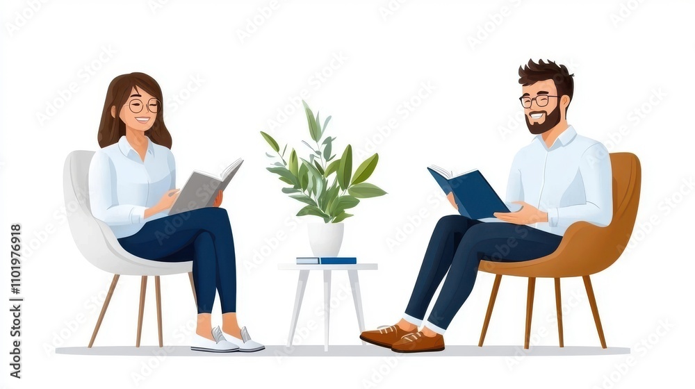 Two coworkers or colleagues relaxing and working remotely in a comfortable and modern home office setting with furniture laptop books and a potted plant Two coworkers or colleagues relaxing and working remotely in a comfortable and modern home office setting with furniture laptop books and a potted plant