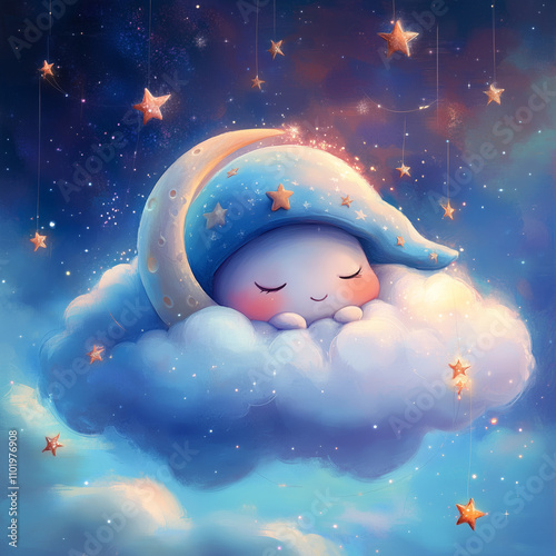 Cute Cloud with Sleeping Moon and Stars