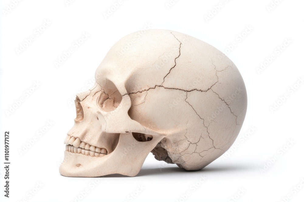 Fototapeta premium A cracked human skull sits in profile against a white background, showcasing intricate details, This image can be utilized in educational materials, medical illustrations, or artistic representations