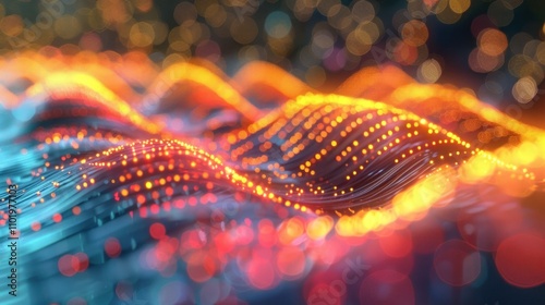 Captivating abstract background featuring mesmerizing iridescent patterns of luminous wavy lines and shapes in motion creating a dynamic futuristic and visually striking digital art composition