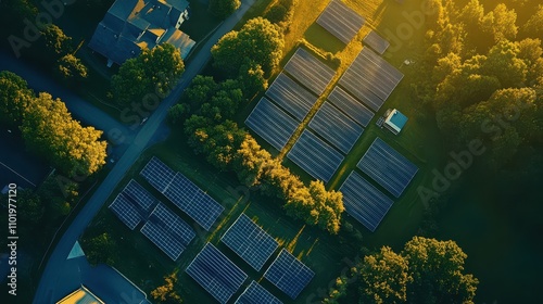 Aerial View of Utility-Scale Solar Power Array: Dawn Lighting Highlights Panel Configurations and Infrastructure, Emphasizing Technological Precision and Maintenance Access.