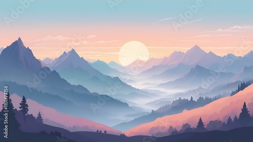 Painting of a serene landscape of misty mountains