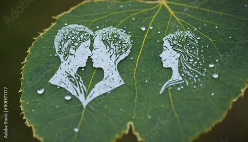 Profile faces of a young man and woman with water droplets on a green tree leaf, symbolizing nature, against a natural backdrop