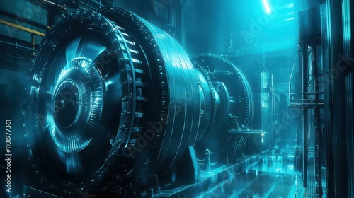 Dramatic Underwater View of Hydro-Electric Generator Turbine: Unveiling Precision Engineering and Technological Infrastructure Through Cinematic Illumination.