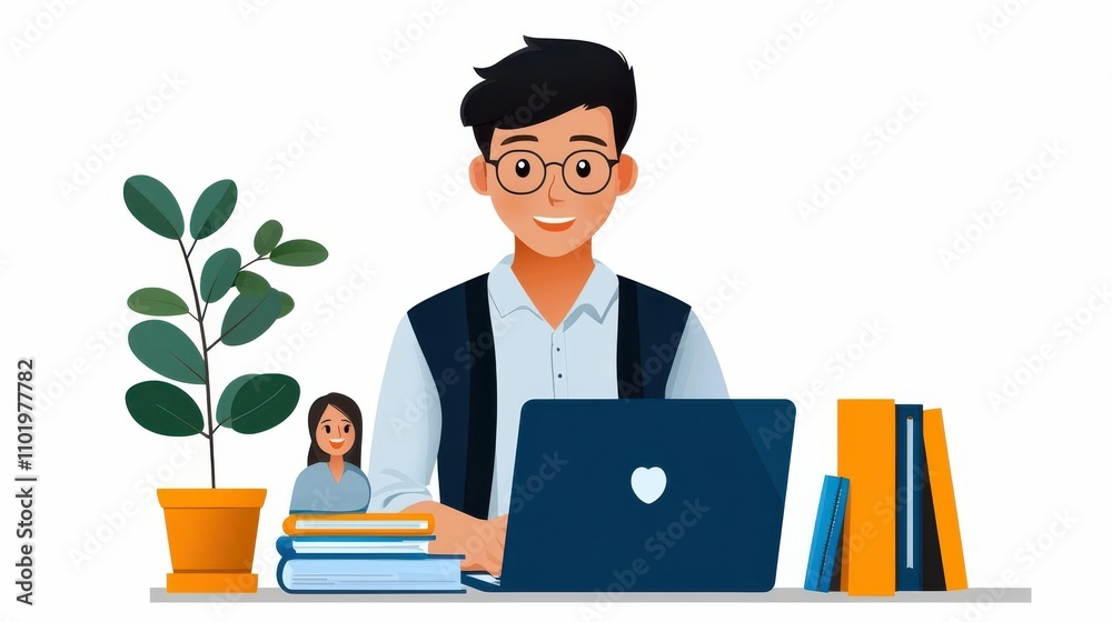 Focused Young Professional Working Intently on Laptop at Desk with Books and Potted Plant in an Office or Study Setting