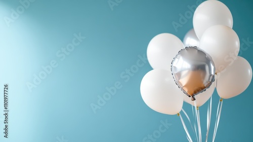 A cluster of white balloons with one silver balloon stands against a vibrant blue backdrop, creating a festive and cheerful atmosphere perfect for celebrations. photo