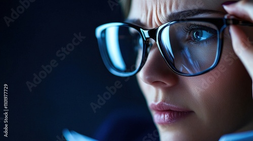 businesswoman stress balance Concept. A focused woman with glasses stares intently, showcasing determination and concentration in a low-light setting.