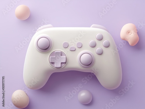 Playful 3D White Controller with Cartoonish Accents on Purple Background