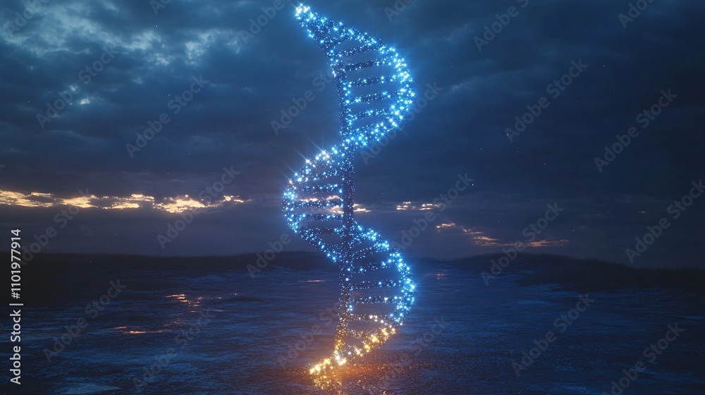 Obraz premium Glowing 3D DNA Helix in Futuristic Blue Environment