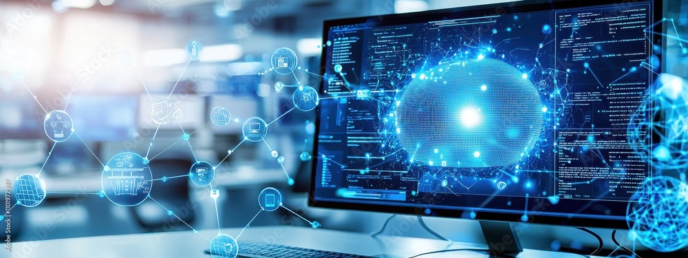 A computer monitor with a blue screen showing a network of blue dots A computer monitor with a blue screen showing a network of blue dots