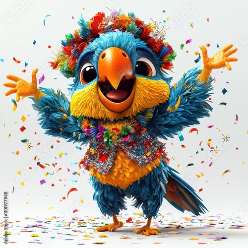 Party Parrot: A jubilant blue parrot in festive attire, surrounded by colorful confetti, celebrates with open arms.  A vibrant and joyful 3D rendered illustration perfect for celebrations. 