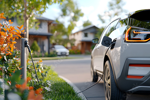 Electric vehicle charging in suburban driveway modern home outdoor scene daytime sustainable living