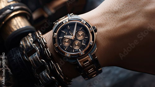 A Rose Gold and Black Wristwatch With Multiple Subdials photo