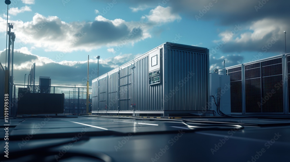 Compact Hybrid Generator System in Precision Industrial Documentation: Overcast Lighting Showcasing Integrated Solar and Battery Storage Technologies. Advanced Infrastructure Displayed. Compact Hybrid Generator System in Precision Industrial Documentation: Overcast Lighting Showcasing Integrated Solar and Battery Storage Technologies. Advanced Infrastructure Displayed.