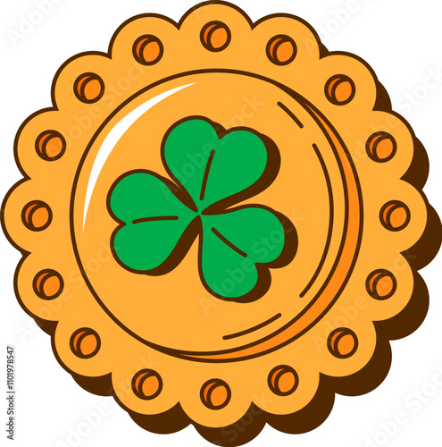 Cartoon retro groovy golden coin, saint Patrick day Irish holiday symbol of luck and prosperity. Gold of leprechaun with shamrock sign. Isolated vector coin with clover leaf and scallop shaped edge