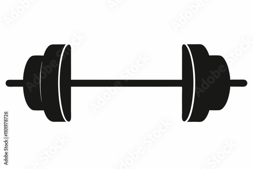 Black barbell icon, dumbbell icon silhouette on white background.