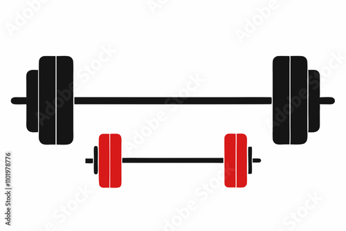 Black barbell icon, dumbbell icon silhouette on white background.