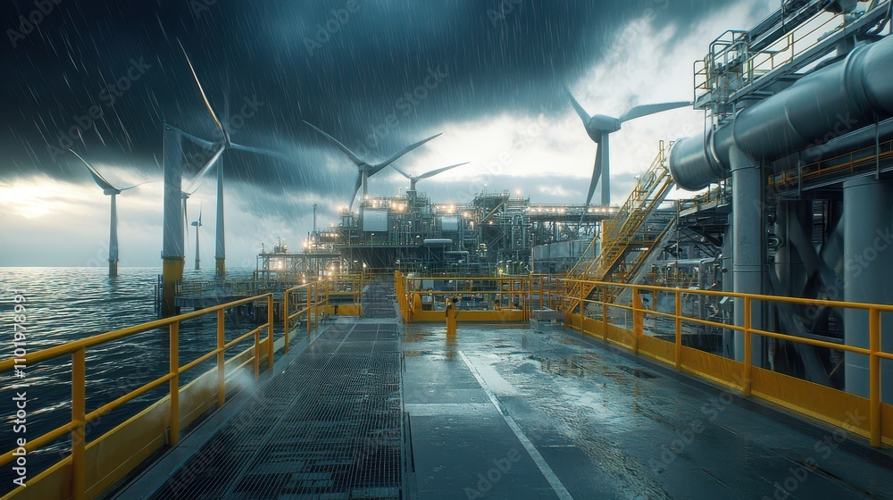 Offshore Wind Turbine Generator Base: Dramatic Storm-Approaching Scene Showcasing Industrial Maritime Infrastructure with Technical Precision and Scale. Offshore Wind Turbine Generator Base: Dramatic Storm-Approaching Scene Showcasing Industrial Maritime Infrastructure with Technical Precision and Scale.