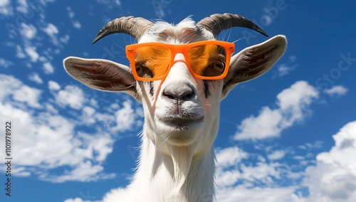 A picture of a goat wearing orange sunglasses