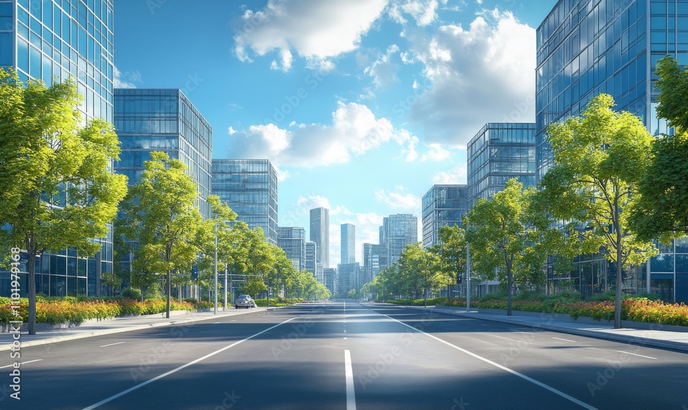 City street lined with modern glass and steel office towers, corporate urban environment, 3D illustration City street lined with modern glass and steel office towers, corporate urban environment, 3D illustration