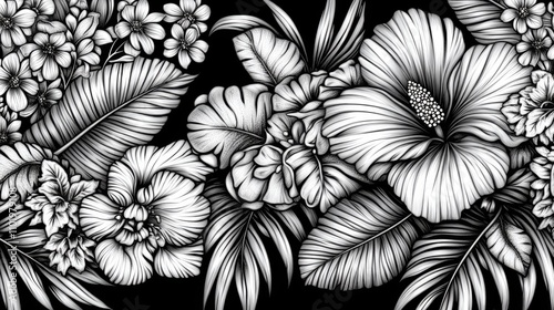Wallpaper Mural A seamless monochrome floral design with detailed flowers and leaves, ideal for wallpaper or fabric embellishment. Torontodigital.ca