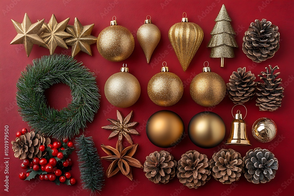 Group of Gold Ornaments and Pine Cones. Group of Gold Ornaments and Pine Cones.