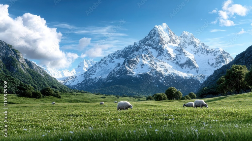 Sheep graze peacefully in a lush green pasture, overlooked by majestic, icy mountain peaks under a crystal-clear blue sky, creating a scene of harmonious nature. Sheep graze peacefully in a lush green pasture, overlooked by majestic, icy mountain peaks under a crystal-clear blue sky, creating a scene of harmonious nature.