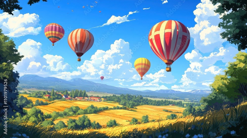 Obraz premium Colorful Hot Air Balloons Soaring Over a Picturesque Countryside Landscape with Rolling Hills and Clear Blue Sky