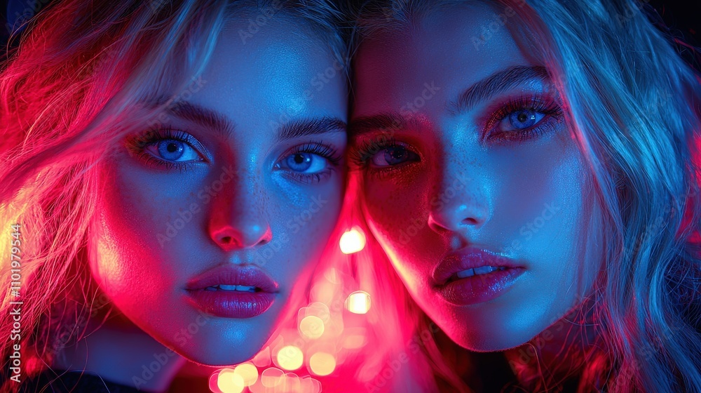 Obraz premium The image features two close-up portraits of women with striking features, illuminated by vibrant blue and pink lighting, creating a dramatic and captivating effect.