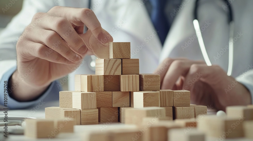 With focus, he organizes wooden cubes, creating a layered presentation of healthcare and insurance concepts. With focus, he organizes wooden cubes, creating a layered presentation of healthcare and insurance concepts.