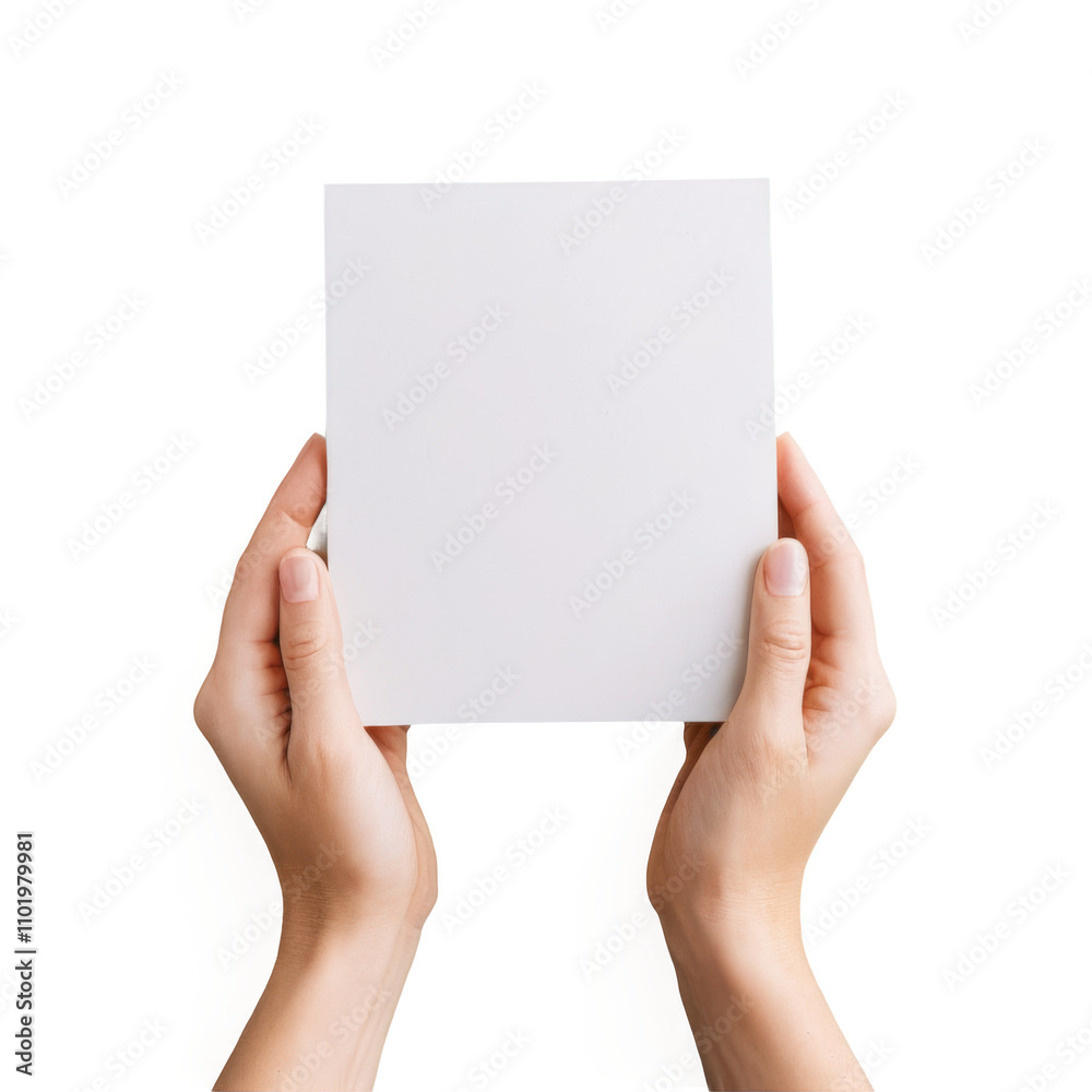 Pair of hands holding blank white paper from above on transparent background - stock photo concept. Pair of hands holding blank white paper from above on transparent background - stock photo concept.