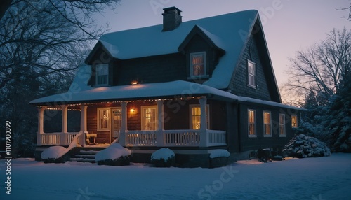 A house with a snow covered roof and a house with a window that has a view of the mountains 987