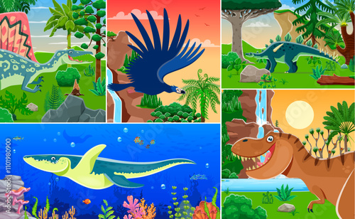 Prehistoric dinosaur and reptile characters collage of Jurassic era lizards, vector background. Kids dino world collage of cartoon T-rex dinosaur, prehistoric birds and reptiles with giant lizards