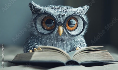 Watercolor owl reading a book, soft and charming on a blank canvas, 3D illustration photo