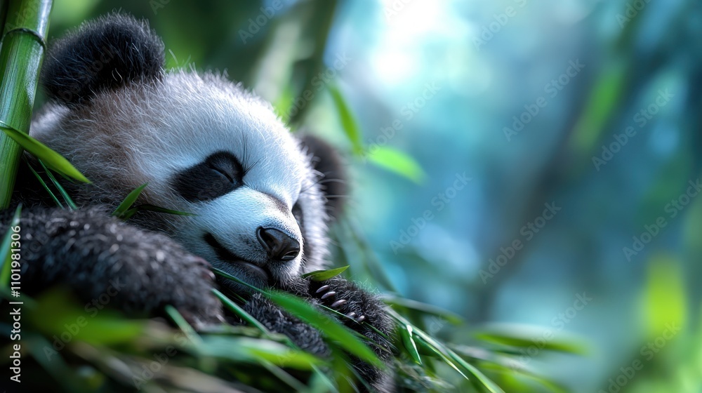 Obraz premium A panda peacefully sleeps nestled among lush bamboo, surrounded by the tranquil embrace of nature, merging a sense of relaxation and serene beauty.
