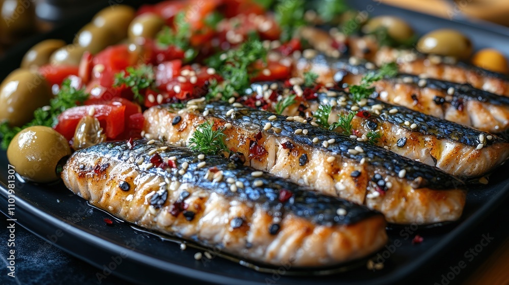 Grilled salmon fillets served with tomatoes, olives, and herbs on a black plate. Grilled salmon fillets served with tomatoes, olives, and herbs on a black plate.