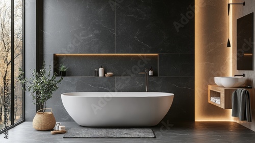 Wallpaper Mural Modern luxurious bathroom with freestanding bathtub and marble walls Torontodigital.ca
