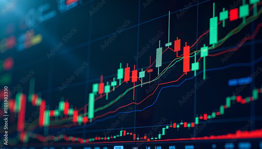 Stock market chart, bullish trend, detailed candlestick graph with indicators, copy space Stock market chart, bullish trend, detailed candlestick graph with indicators, copy space