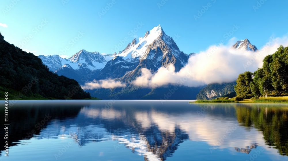 This captivating image captures breathtaking reflections of a majestic snow-covered peak on a calm and clear lake, set in a peaceful and tranquil natural landscape. This captivating image captures breathtaking reflections of a majestic snow-covered peak on a calm and clear lake, set in a peaceful and tranquil natural landscape.