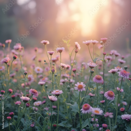 Idyllic Pastel Flower Landscape at Sunrise